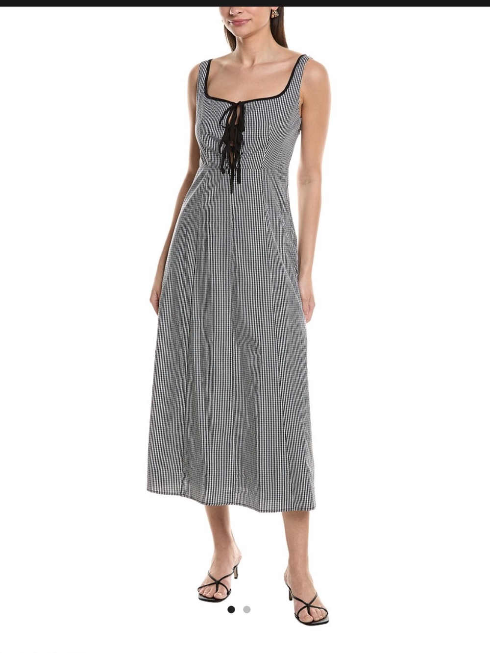 Black & White Gingham Midi Dress with Lace-Up Bodice